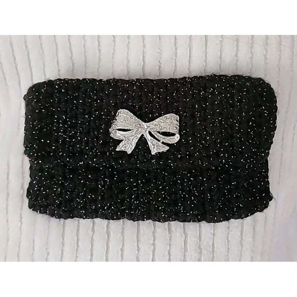 VTG HANDMADE Crochet Black Silver Clutch Lined (VINTAGE BOW BROOCH) 8x5in